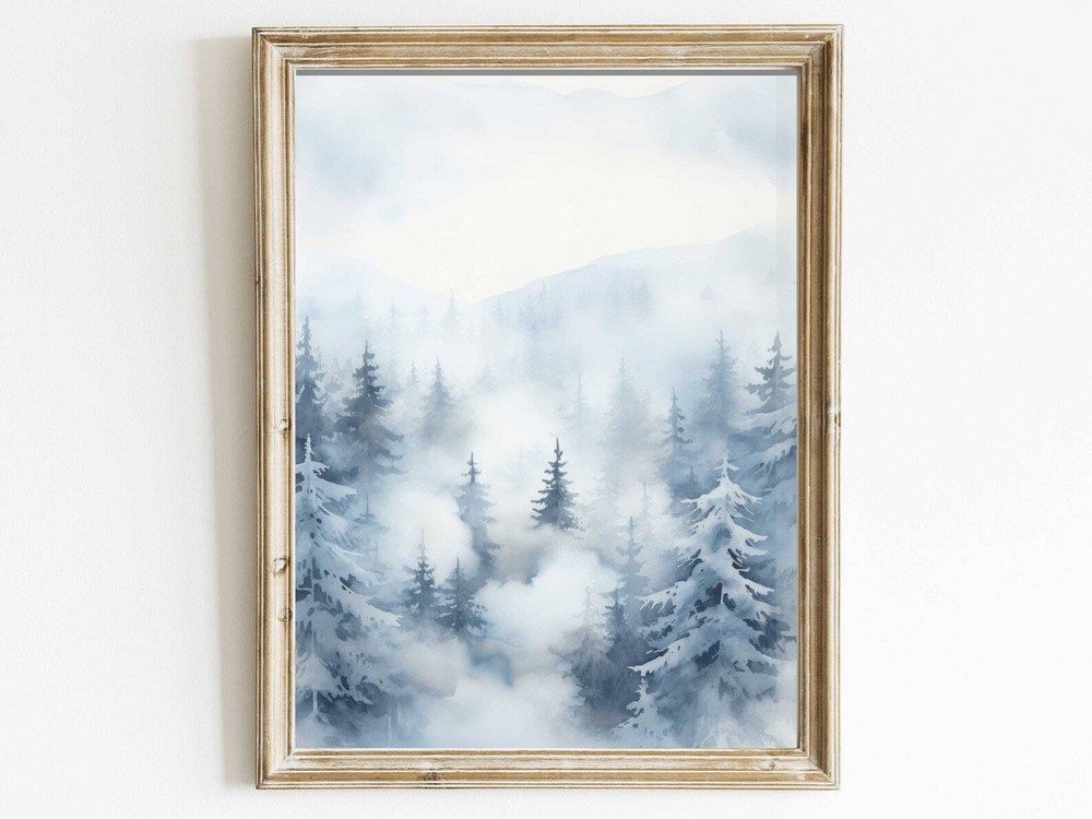 Forest Wall Art Watercolor Winter Landscape Painting Nature Print Fir Tree
