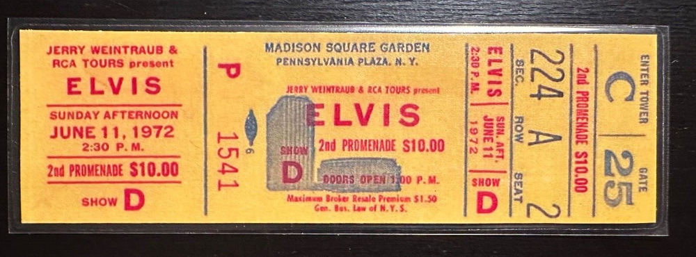 Elvis Presley at Madison Square Garden NYC- 6/11/1972 REPLICA concert ticket
