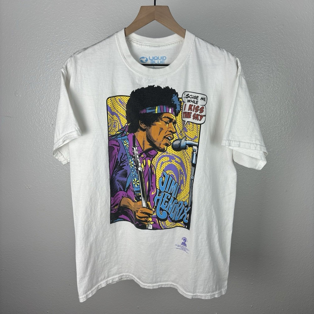 Y2K Jimi Hendrix Liquid Blue T Shirt Kiss The Sky White Vintage Style Size Large