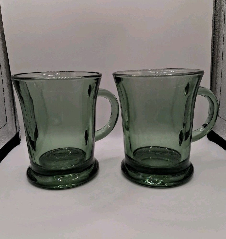 Anchor Hocking 16oz Vtg Set Of 2 Cobalt Green Glass Pedestal Handled Coffee Mugs