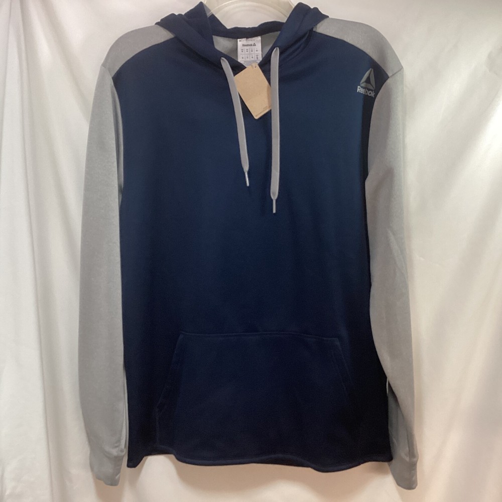 Reebok Mens Navy & Heather Gray Pullover Hoodie Sweatshirt Athletic Logo Size M