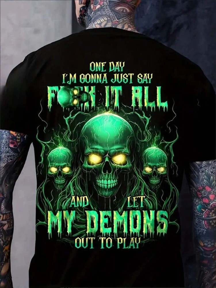 Spooky My Demons Graphic Skull Print Crew Neck Short Sleeve T-shirt - Comfy Poly