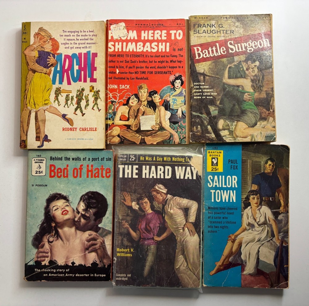 lot of 6 vintage paperbacks 1940s-1950s, military, romance, pulp
