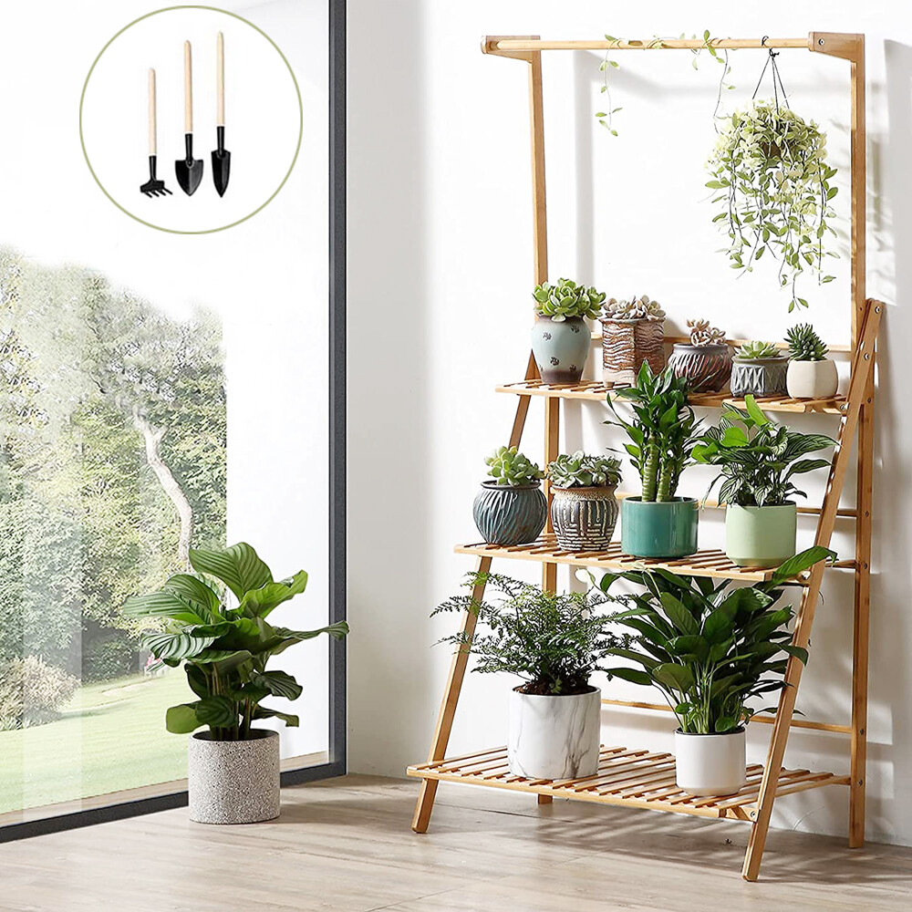 Thicken Bamboo Ladder Plant Stand Flower Shelf Foldable Fr Garden Balcony Window