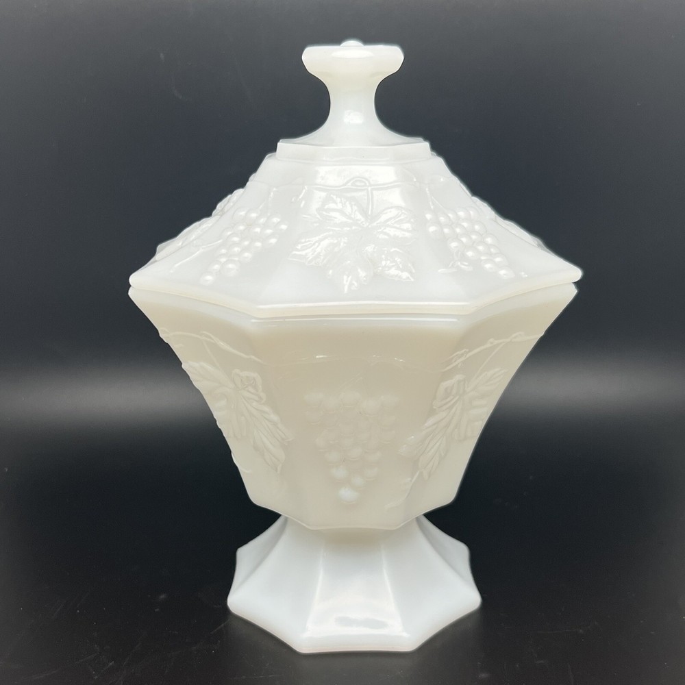 Vintage Anchor Hocking White Milk Glass Covered Candy Dish Grapevine Pattern
