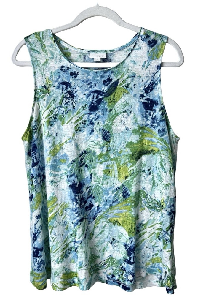 J Jill Love Linen Floral Tank Top Womens Medium Blue Green Scoop Neck 100% Linen