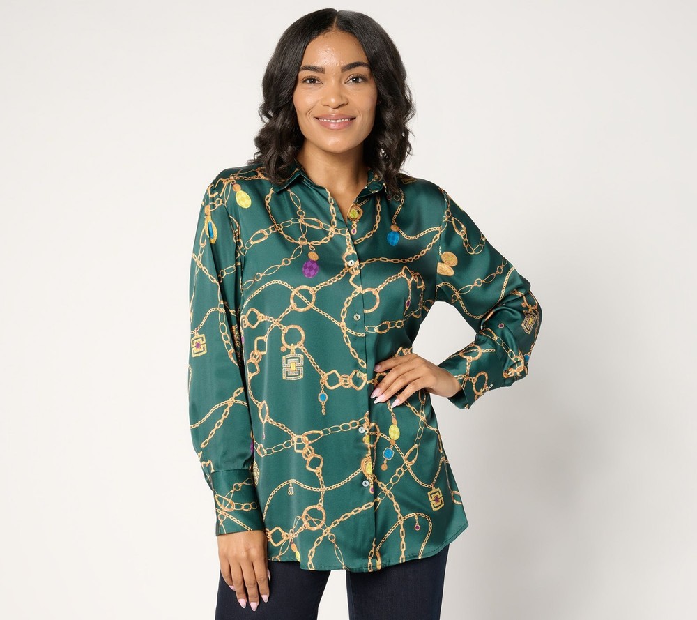 Susan Graver Women's Top Sz S Printed Charmeuse Button-Front Tunic Green A672475