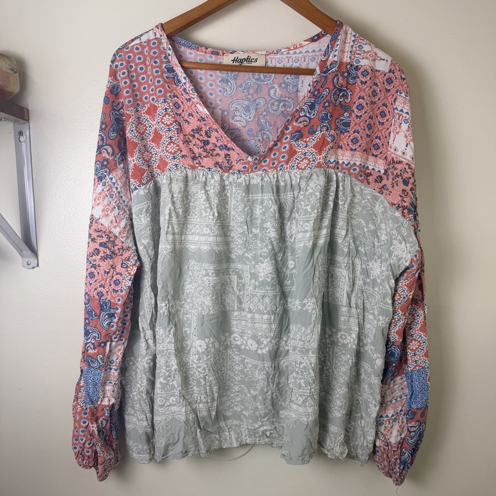 Haptics Boho Floral Patchwork Peasant Blouse women Pink Green Artsy XL Oversized