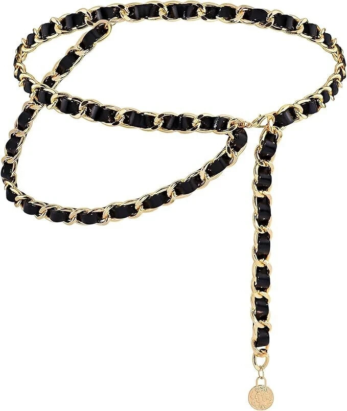 Chain Belts Leather Waist Belt for Women Layered Metal Chain Belt Gold XL/2XL