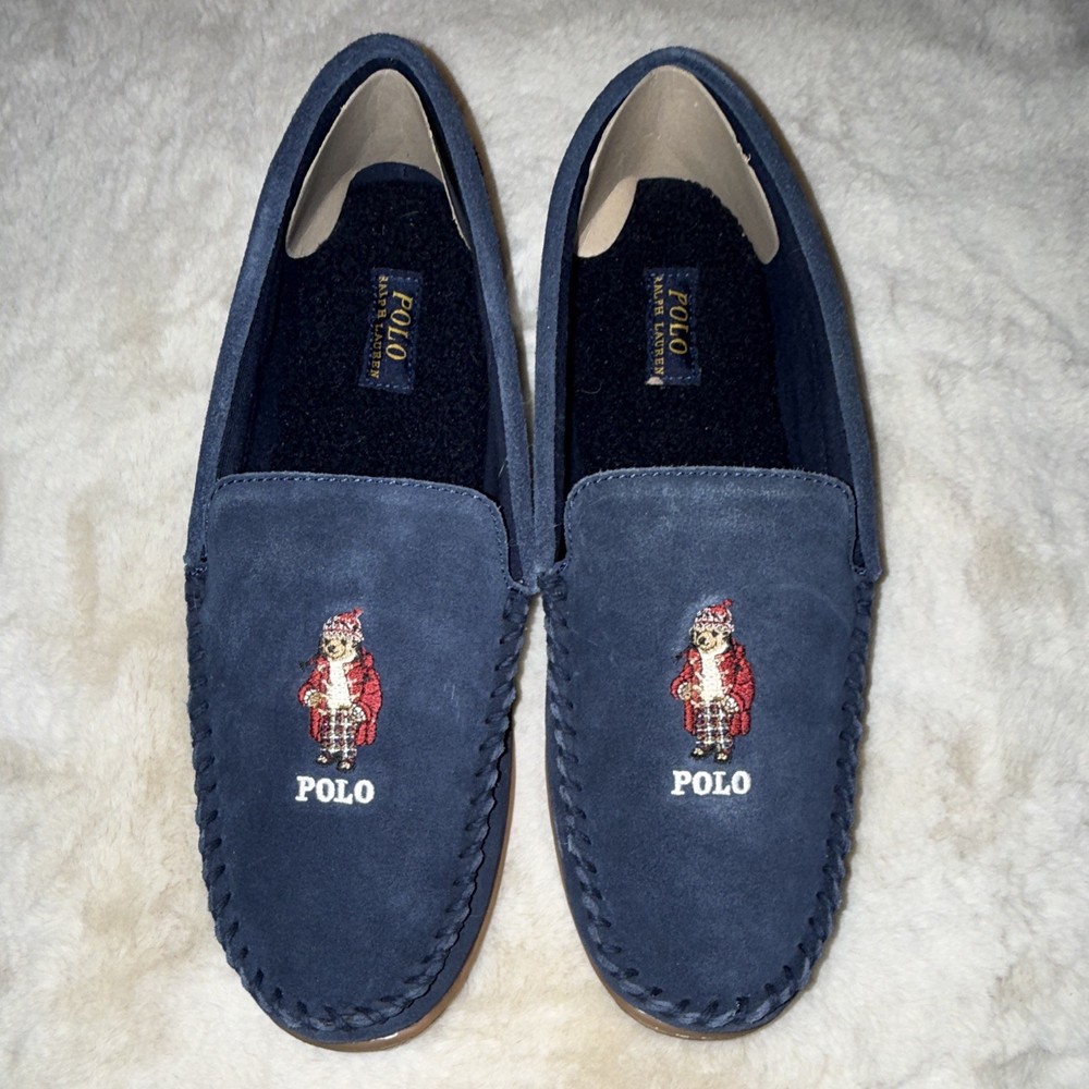 Polo Ralph Lauren Blue Suede Slip-On Loafers Polo Bear Embroidered Men US 12