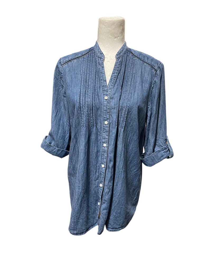 J.MCLAUGHLIN Blue Chambray Riviera Linen Blend Blouse Pintuck Size Medium