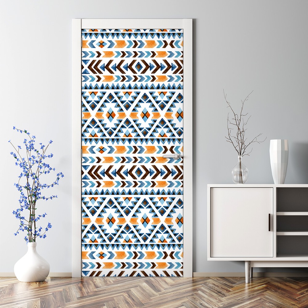 Boho ethnic Bubble Free Door sticker blue and orange Decal Decor reusable