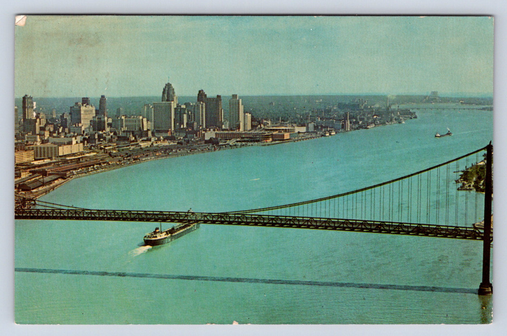 Vintage Postcard Ambassador Bridge Detroit Michigan Windsor Ontario