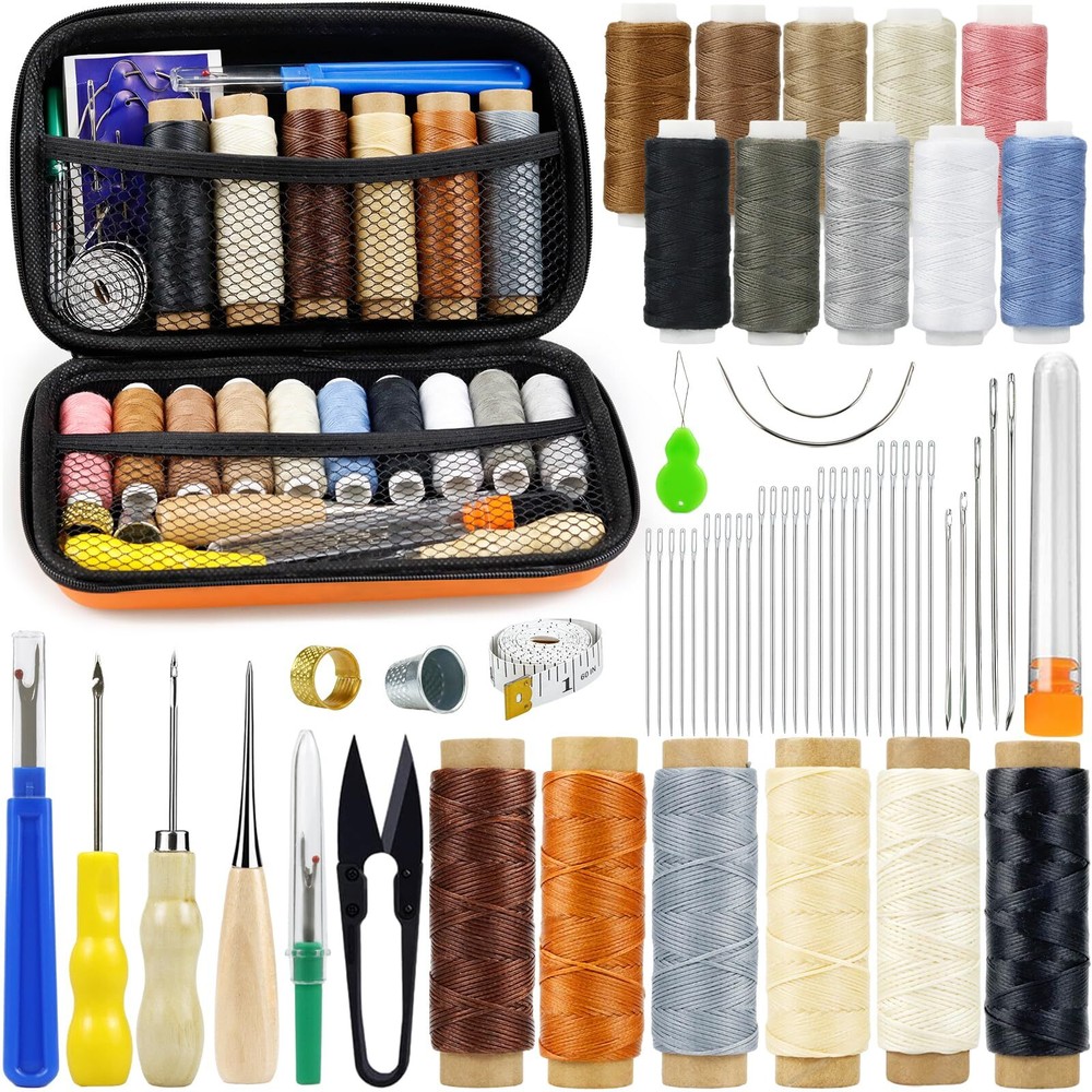 【Upgraded】Leather Upholstery Repair Kit: 60pcs Sewing Kit with Waxed and Upho...