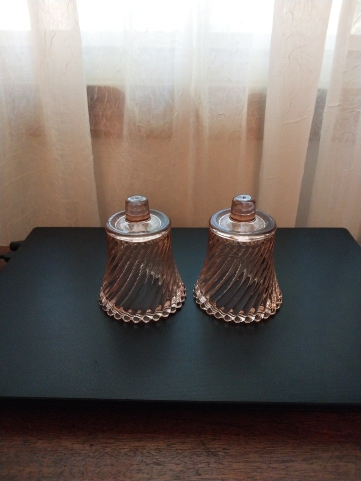 Pair Vintage Light Pink Ribbed Glass Peg Votive Candle Holders Set of 2