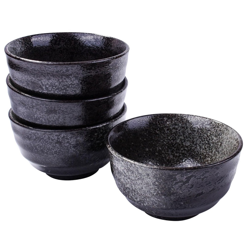 Japanese Porcelain Rice Bowl Set of 4, Black Ceramic Sauce Bowls Sushi Bowls ...