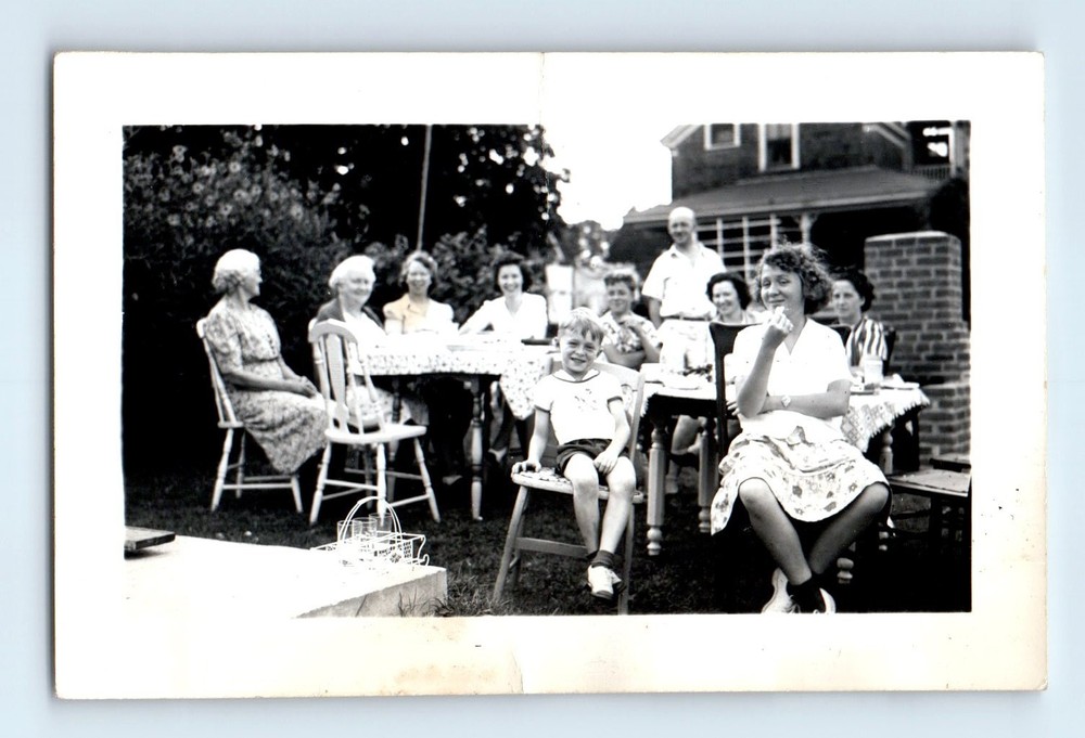Old Vintage Photo MAN WOMEN AND BOYS AT PICNIC TABLE IN YARD BY HOUSE
