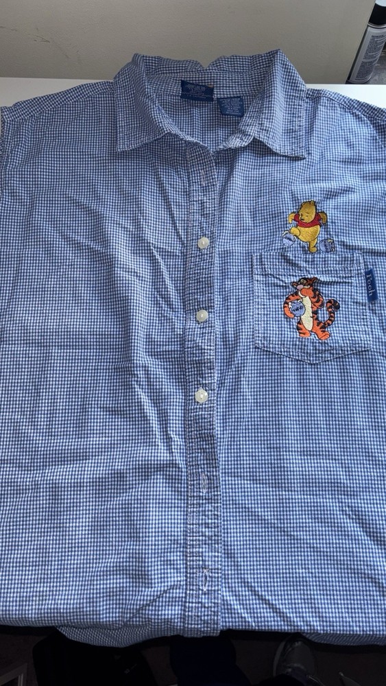 Vintage Pooh Disney Blue/White Gingham Embroidered Pooh & Tigger Button-Up