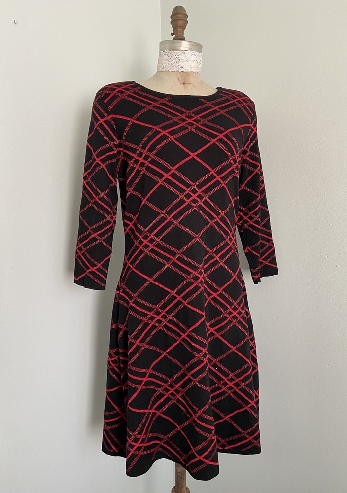 Nanette Lepore Stretch Long Sleeve Sweater Dress Lurex Red/Black Sz L