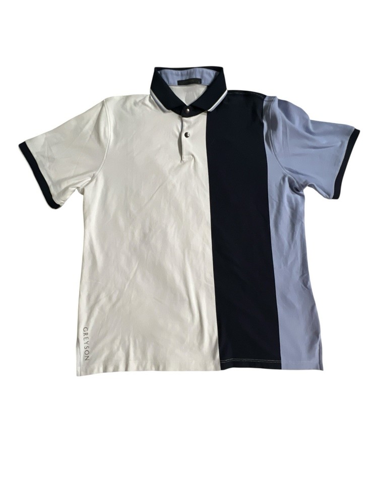 Greyson Golf Polo Shirt White Blue Colorblock Performance Stretch Men's Large