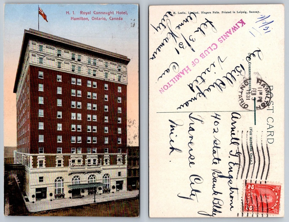 Royal Connaught Hotel Hamilton Ontario Canada 1931 Posted Postcard
