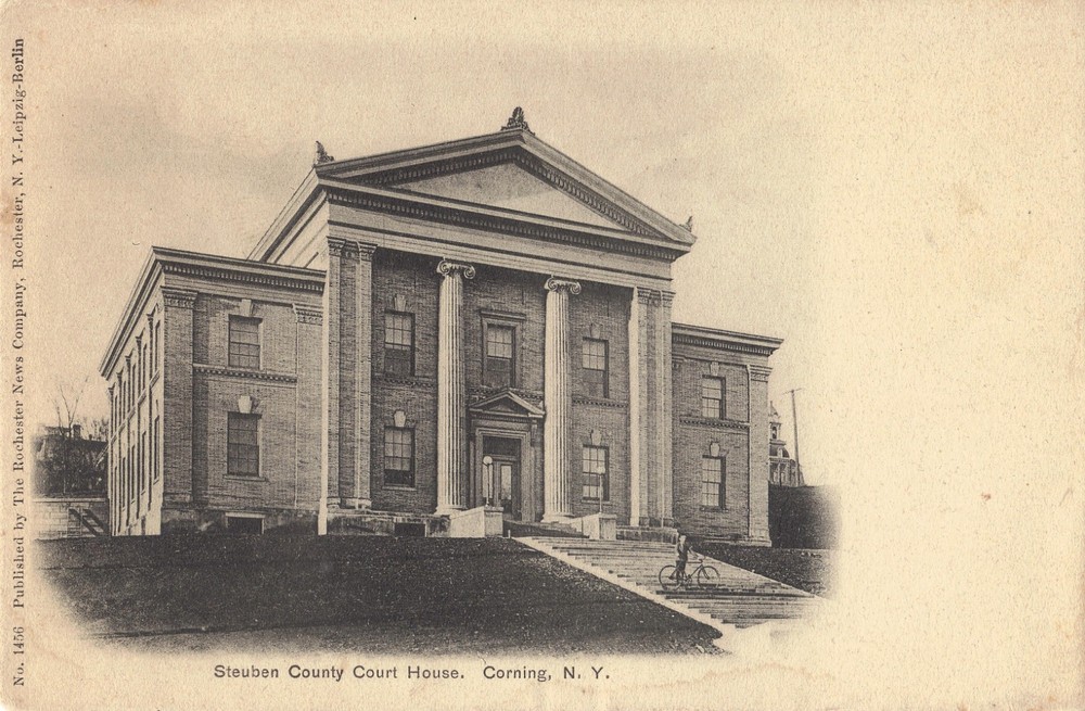 Corning NY Steuben County Court House Man w/ Bike UDB Postcard B/W UNPOSTED *