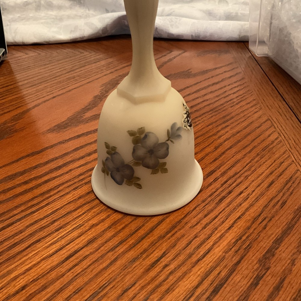 Fenton Art Glass Satin Custard Handpainted Blue Flowers Bell