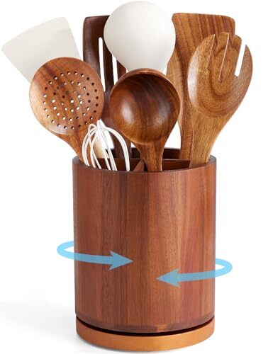 360° Rotating Utensil Holder, Acacia Wooden Utensil Holder, 7.2