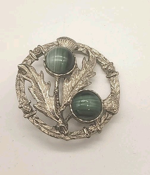 Vintage Scottish Silver Thistle Brooch Green Cats Eye Glass Stones 1.5