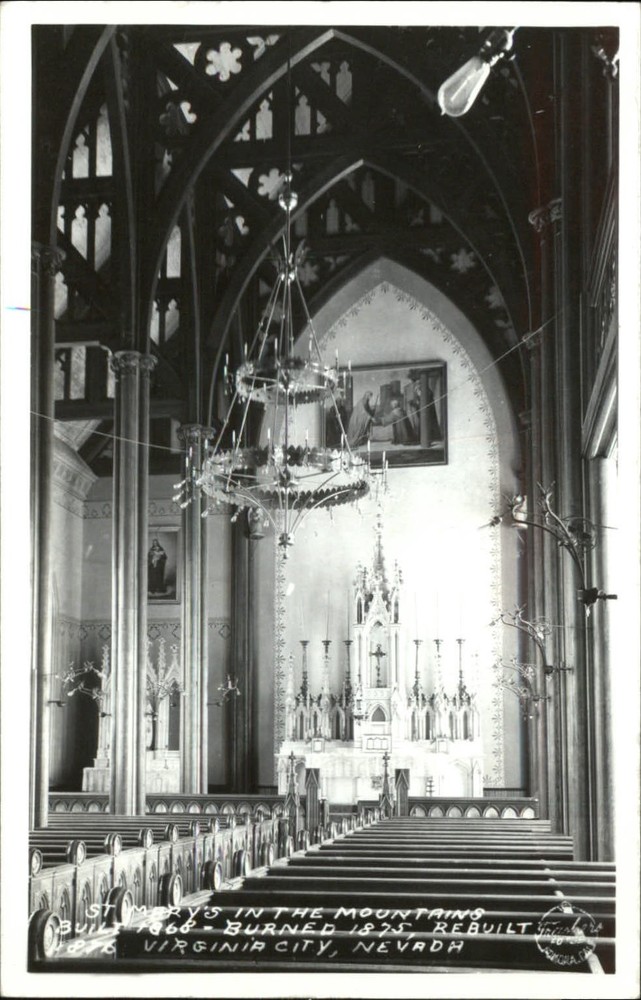 RPPC Virginia City NV St Mary's in Mountains interior altar real photo postcard