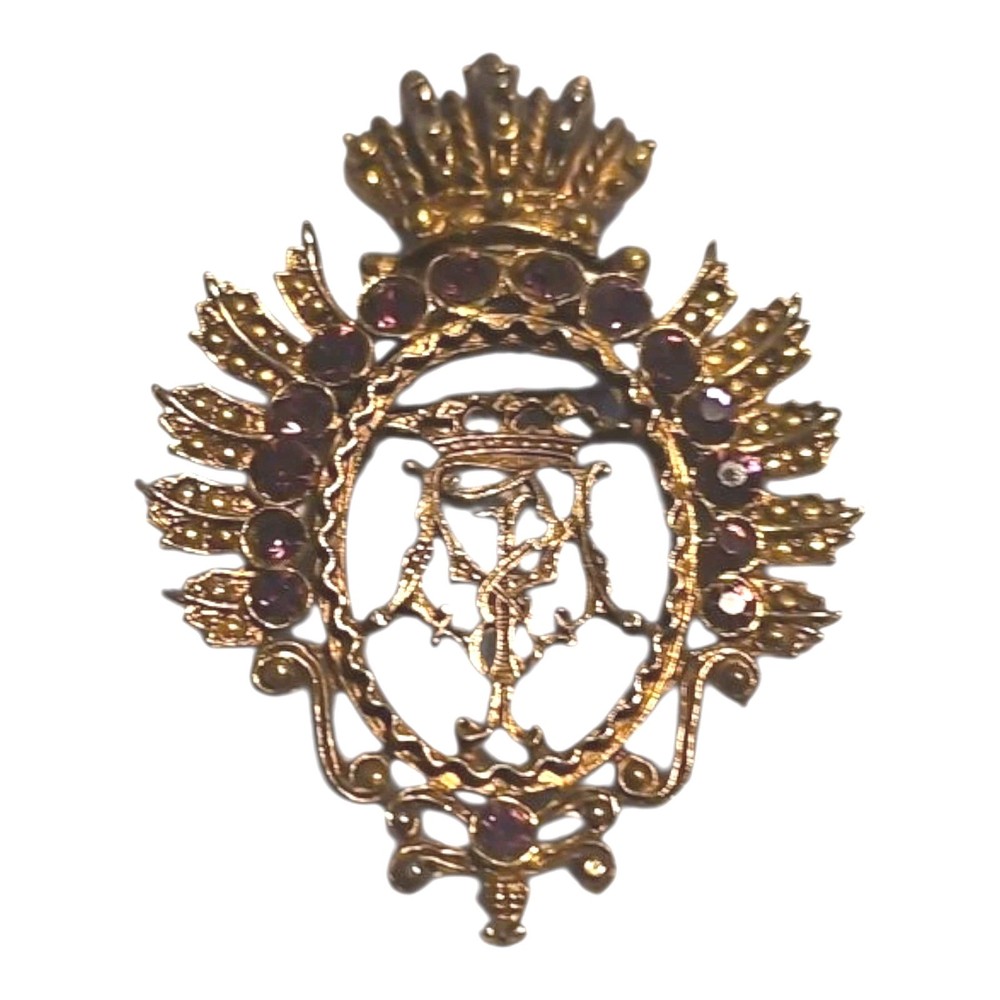 Vintage Regal Baroque Crown Crest  Brass Toned Brooch With Purple Rhinestones