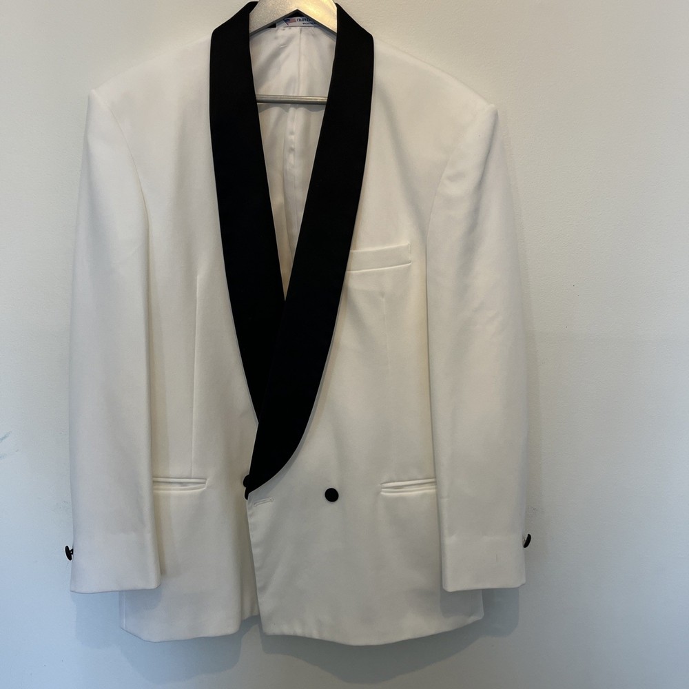 Men's Vintage 39R White Tuxedo Jacket Double Breasted Black Shawl Lapel USA Made