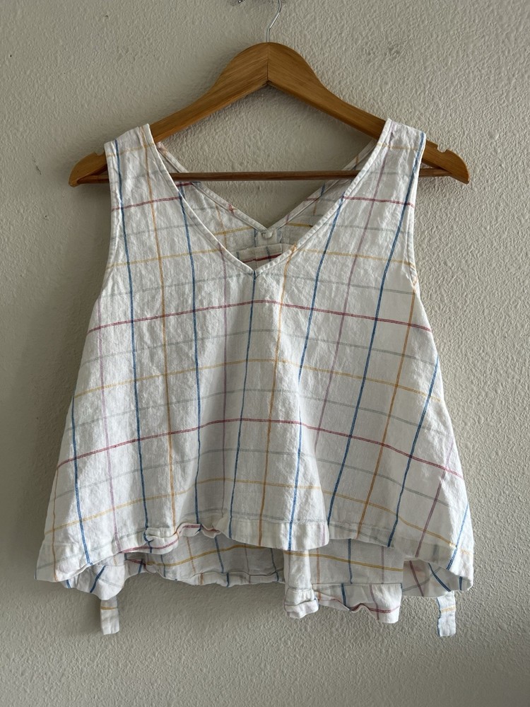 Madewell Side-Tie Tank Top in Windowpane Medium Linen Blend White Boho