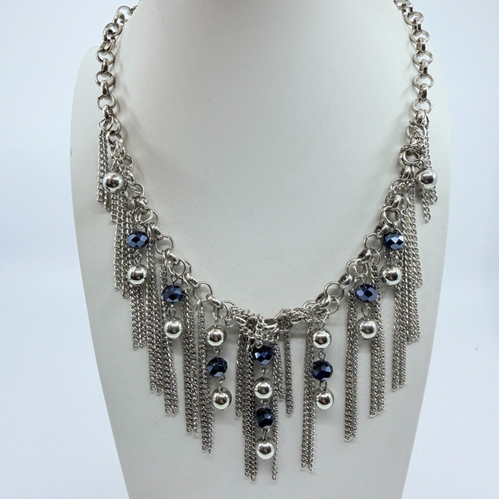 Vintage Y2K Silver Tone Multi Strand Fringe Chain Bib Statement Necklace Black