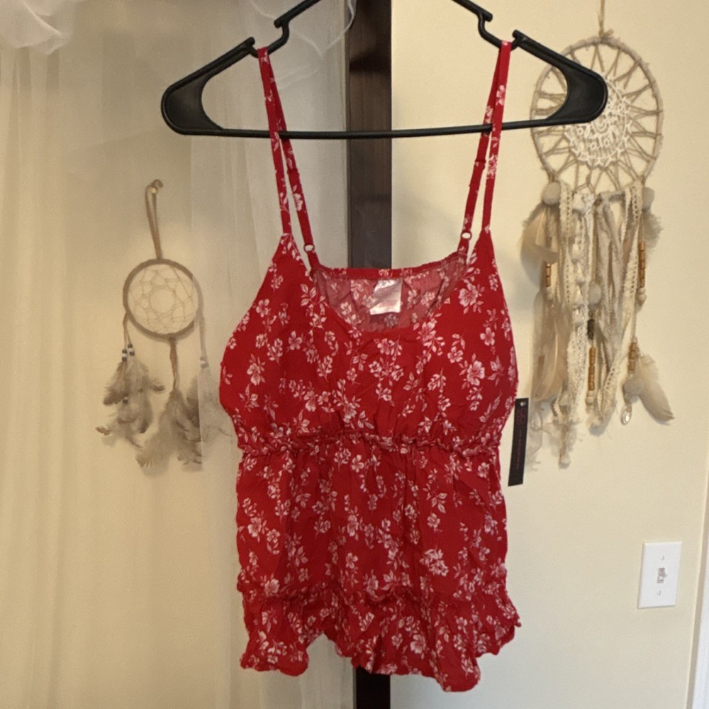 No Boundaries Women's Red Floral Ruffle Camisole Tank Top Juniors L (11-13)