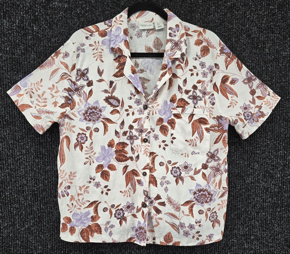 Rachel Zoe Tropical Linen Blend Shirt Women's L Button Up Multi Floral Coastal