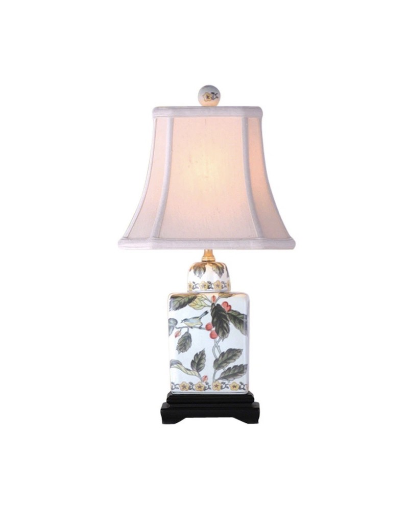 Bird and Floral Porcelain Tea Caddy Table Lamp 18”