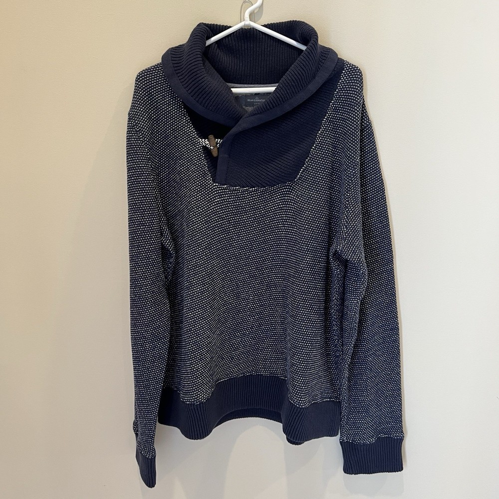 LL Bean Signature Pullover Sweater Mens Sz XL Navy Blue Shawl Collar Fisherman