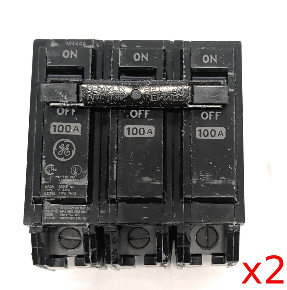 Lot of 2 General Electric THQB 3 Pole Bolt-on 100A Circuit Breaker 120/240 VAC