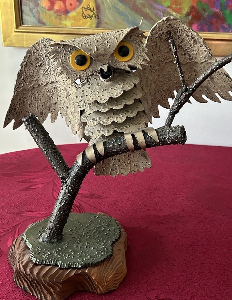 Vintage Brutalist Owl on Tree Branch Sculpture 3D Brass Metal Wood Base, Signed