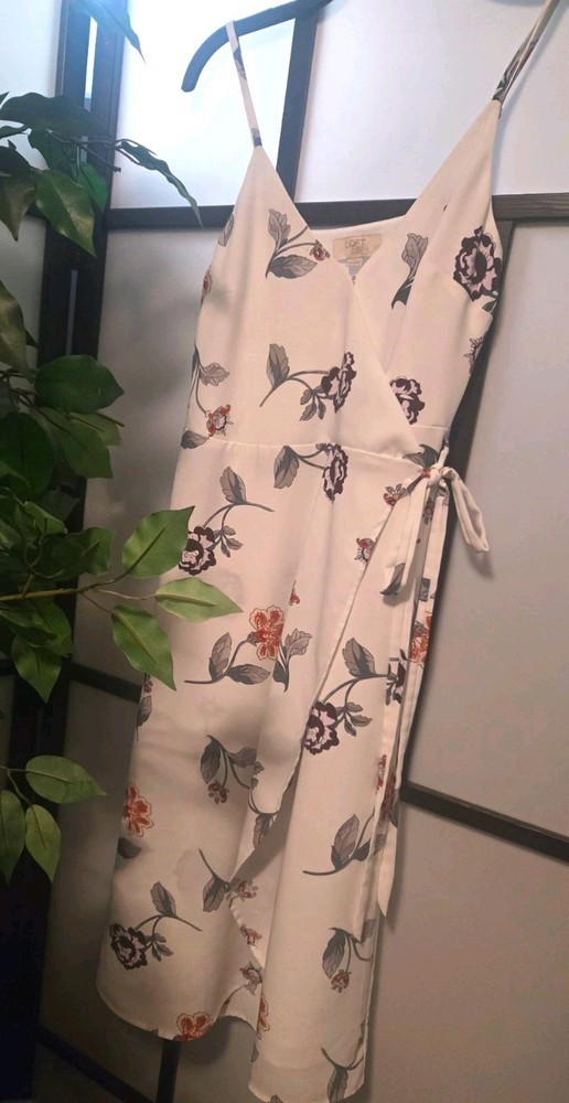 LOFT Petite XSP Ivory Multicolor Floral V-Neck Wrap Tie Sleeveless Dress
