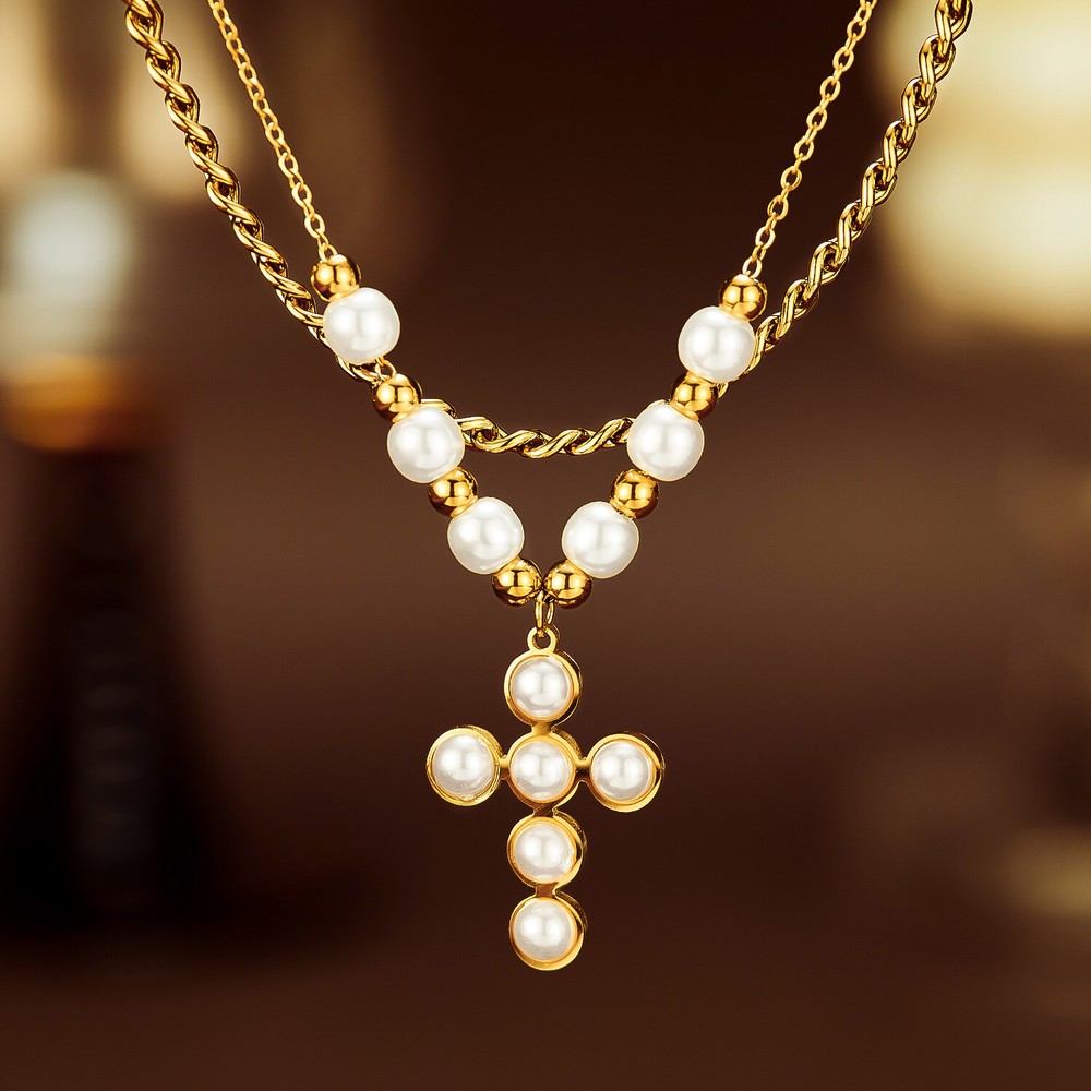 Women Gir Layered Necklace Gold Plated Pearl Pendant Dainty Choker Layering Gift