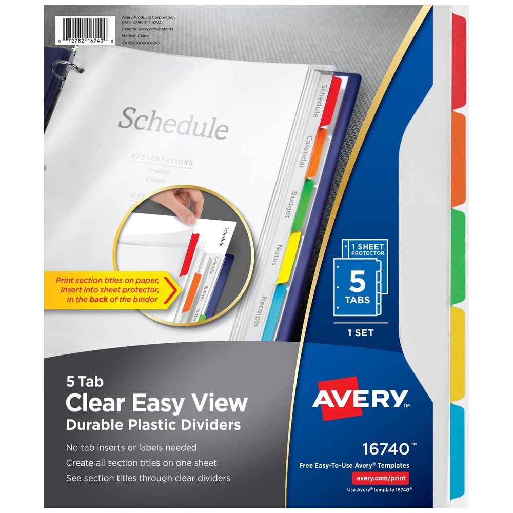 Avery Clear Easy View Durable Plastic Dividers for 3 Ring Binders, 5-Tab Set,...