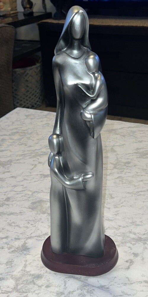 Modest Art Abstract Mother And Children Statue Silver Tone With Wooden Base-image