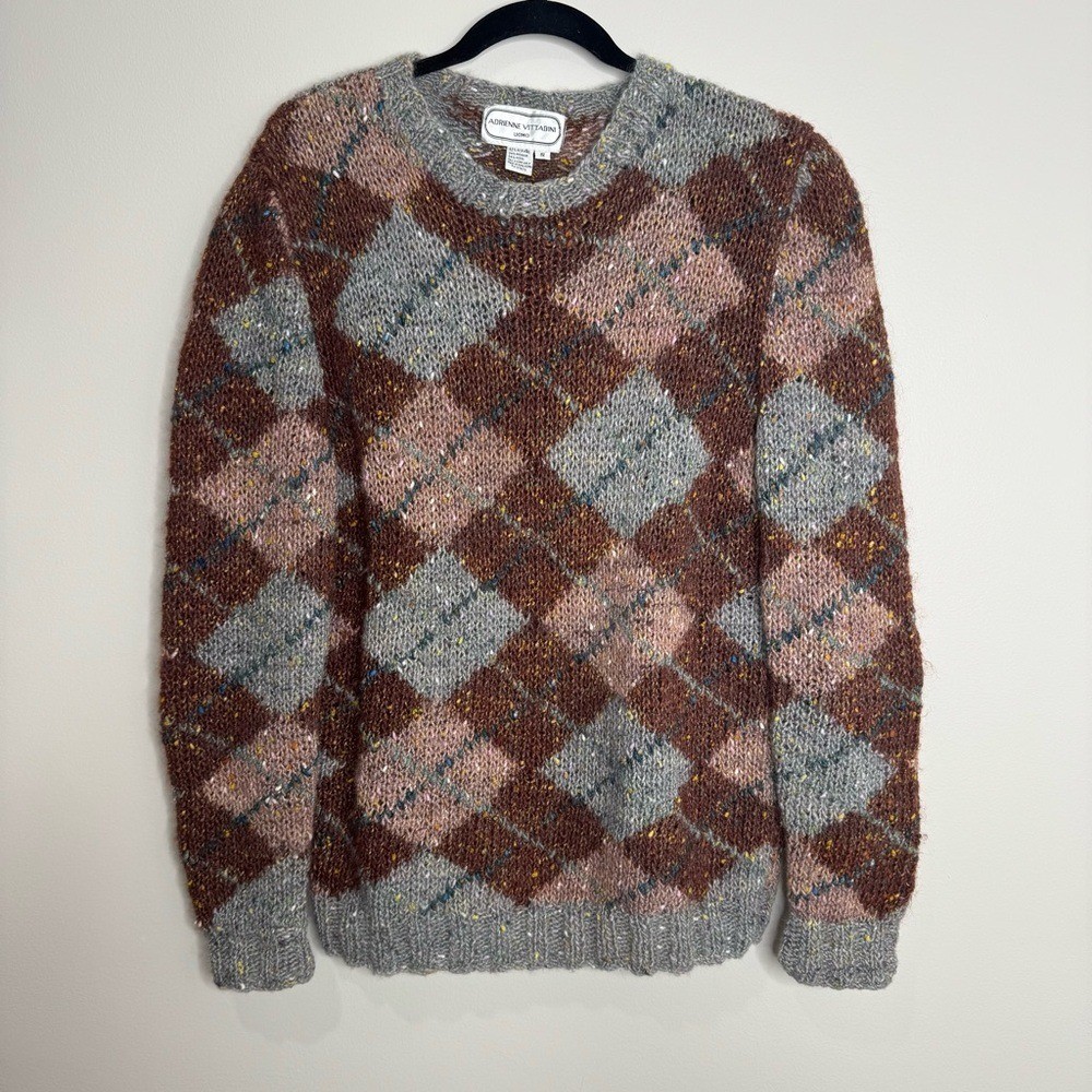 Adrienne Vittadini Uomo Vintage Argyle Wool Mohair Chunky Knit Pullover Sweater
