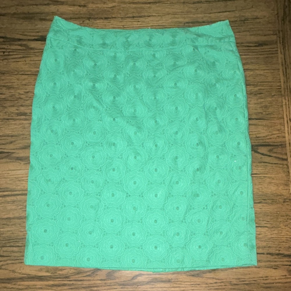 Talbots Green Cotton Lace Floral Petites Pencil Skirt 4P Knee Length