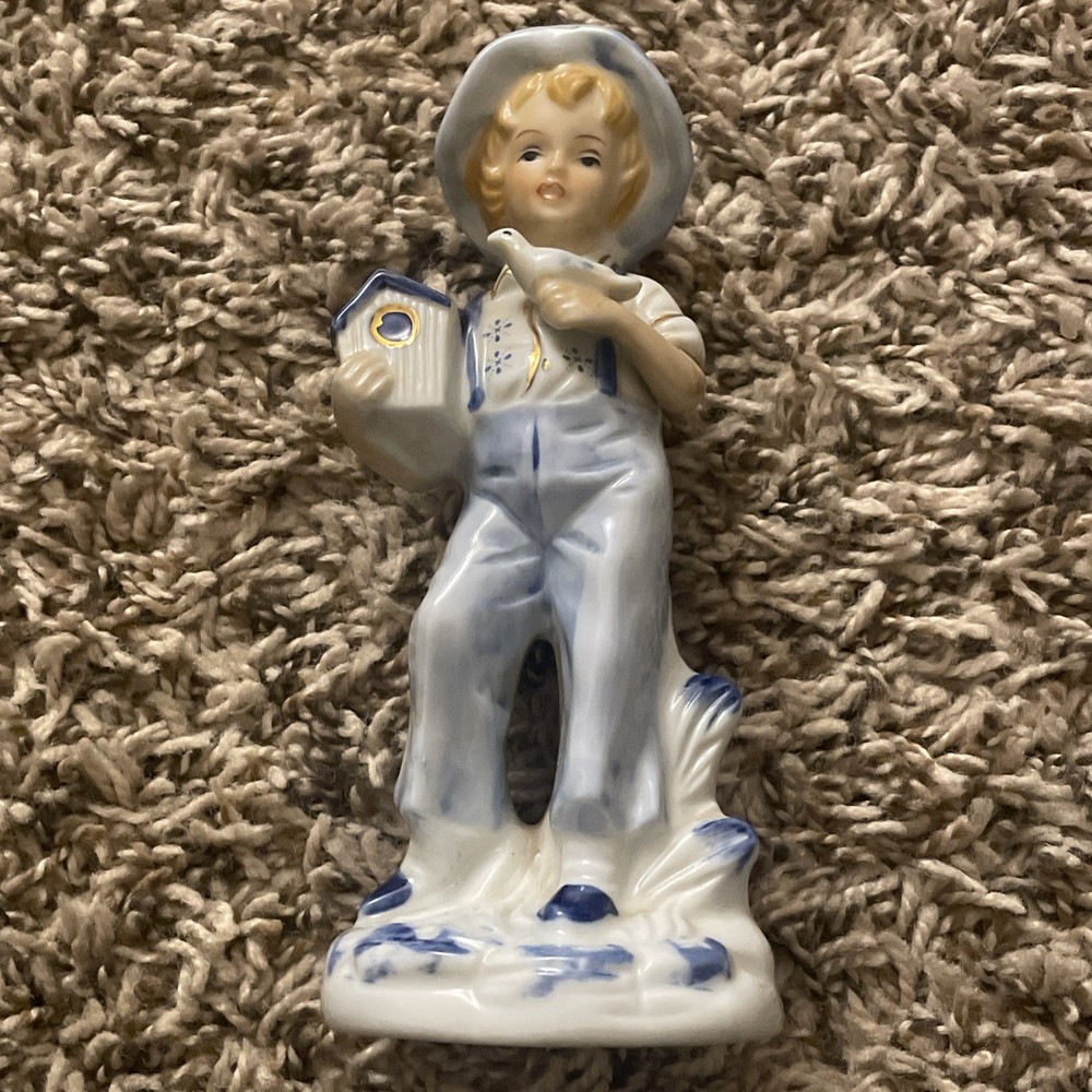 Vintage Porcelain White Blue and Gold Boy and Bird Figurine