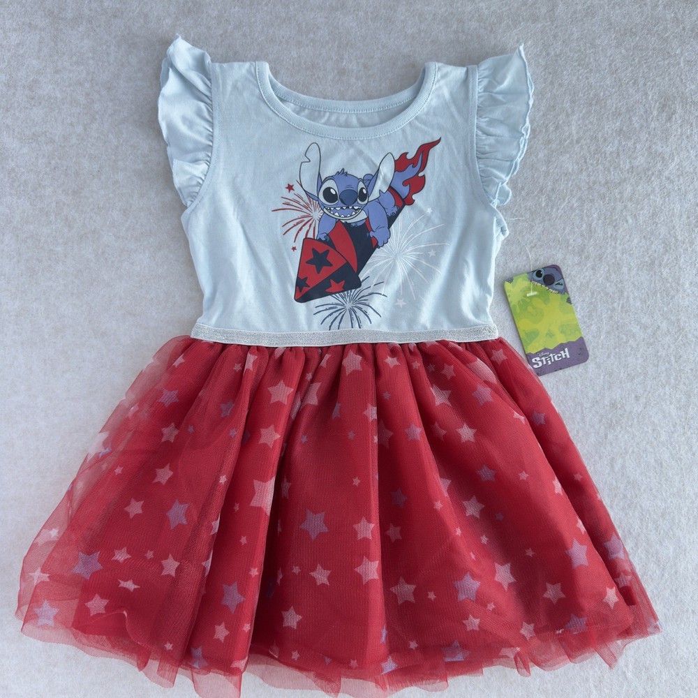 Disney Stitch Girls Size 4 Patriotic 4th of July Tulle Dress Red White Blue NWT