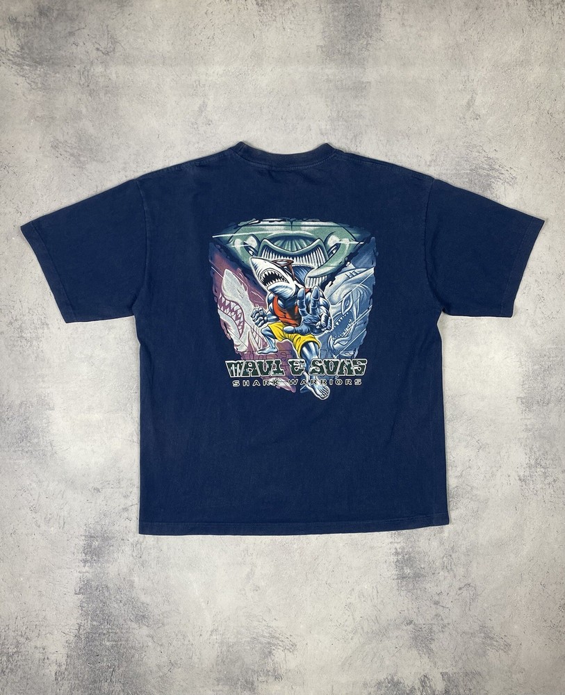 Vintage 90s Maui and Sons Shark Warriors Surfing Graphic Tee Mens Size XL Blue