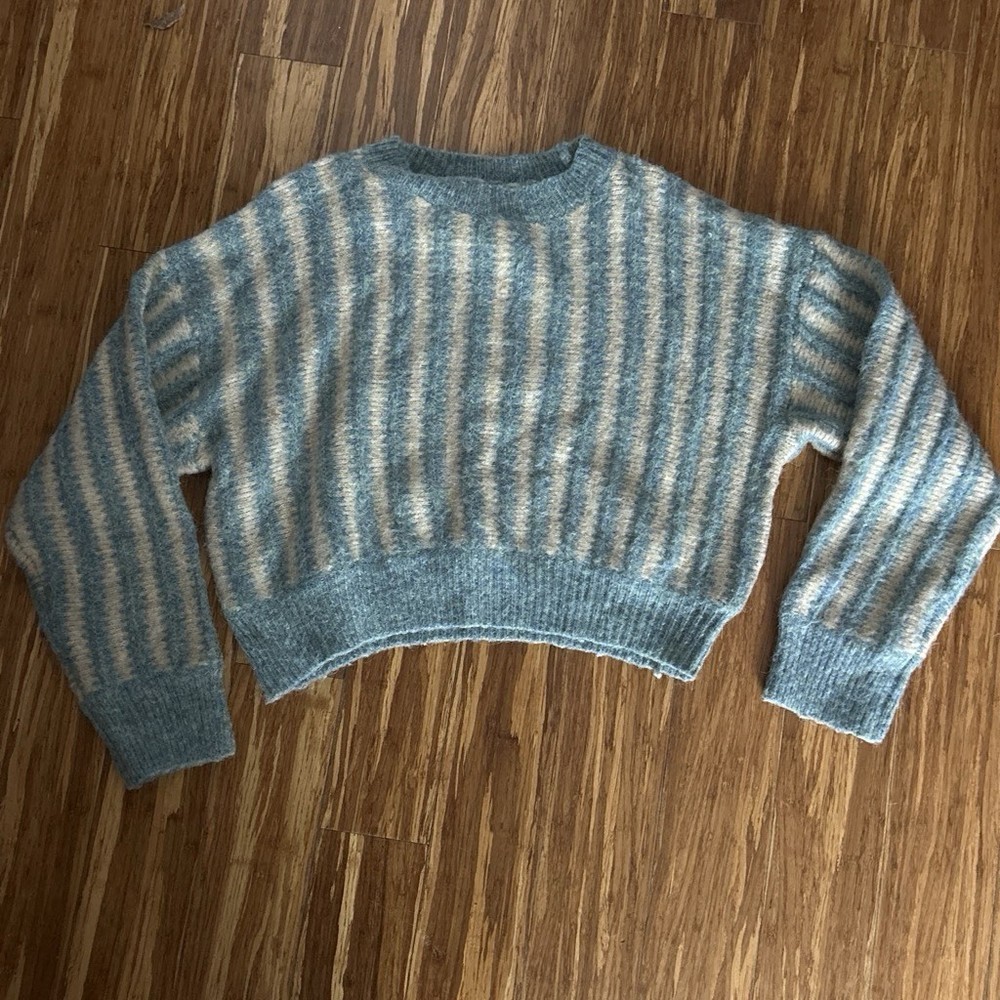 Nectar Clothing Women’s Knit Striped Fuzzy Pullover Sweater Cropped Crew Neck L